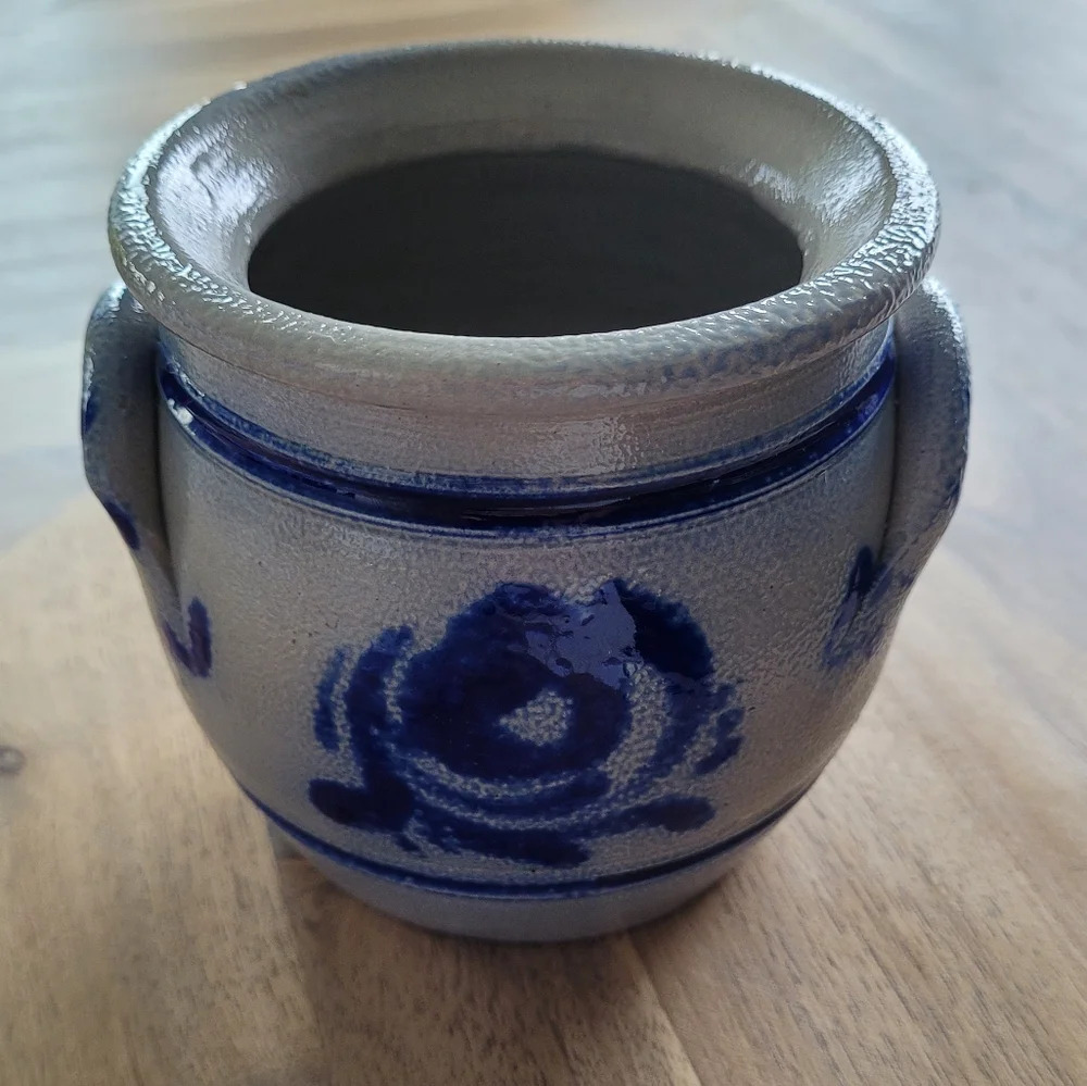Vintage German Salt-glazed Pottery, French Country Blue Cobalt Crock Stoneware